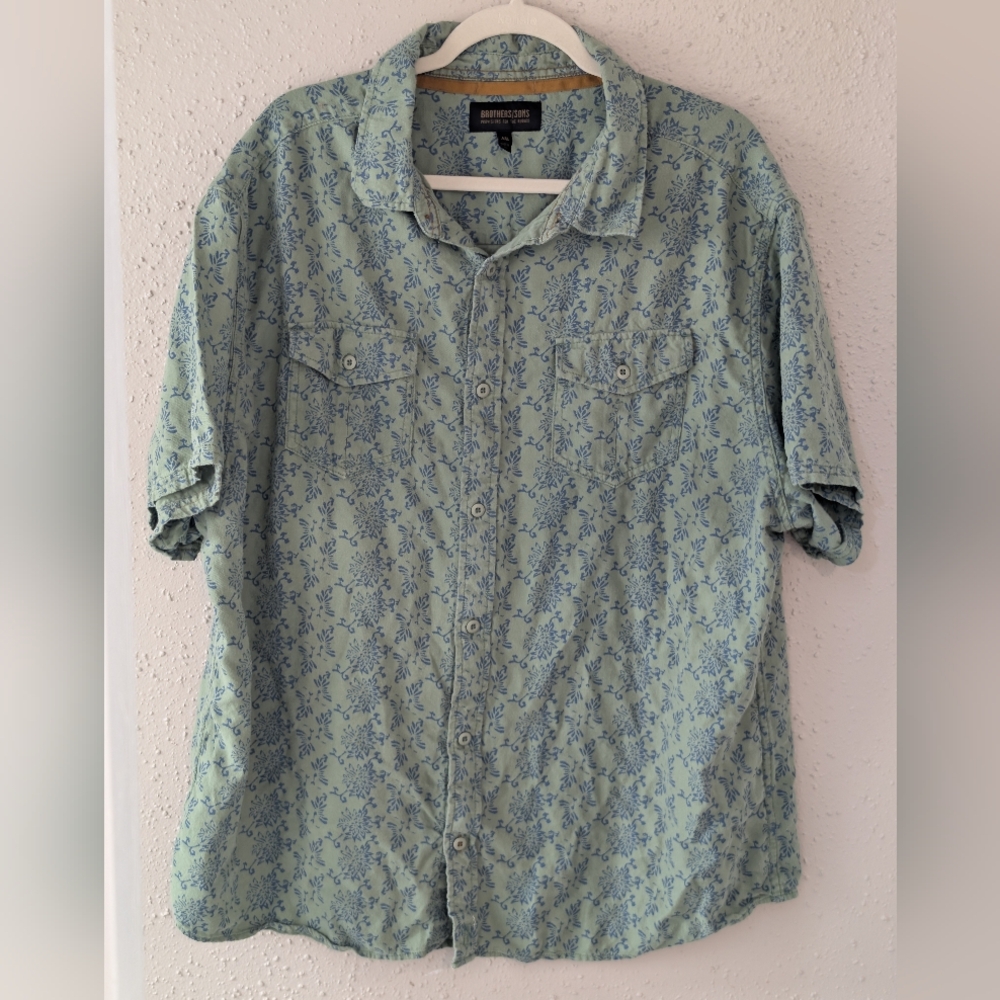 Brothers and Sons Western Style Casual Button Down Shirt Green Floral Pattern